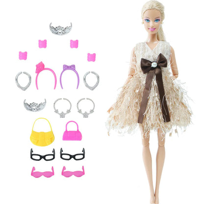 14 Pcs / Lot = 1x Fairy Tale Doll Dress + 13x Random Accessories Shoes Handbag Glasses Clothes for Barbie Doll Girl Baby Toys