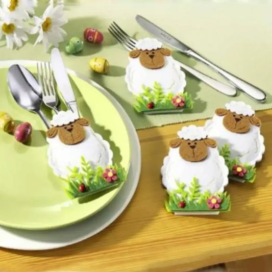 4Pcs/Set Easter Knife Fork Bags Non-Woven Cartoon Sheep Easter Rabbit Cutlery Holder Bag Tableware Organizer Easter Decorations