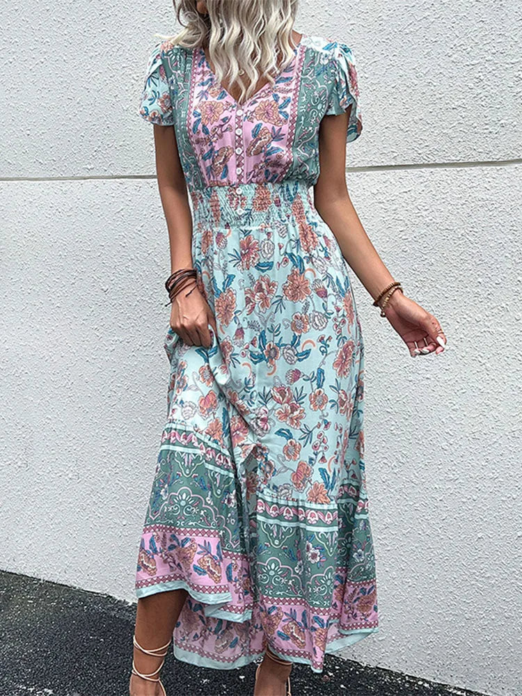Vintage Floral Boho Printed Vestidos Women Short Sleeves v Neck Slit Midi Dresses a Line Bohemian Summer Beach Dress