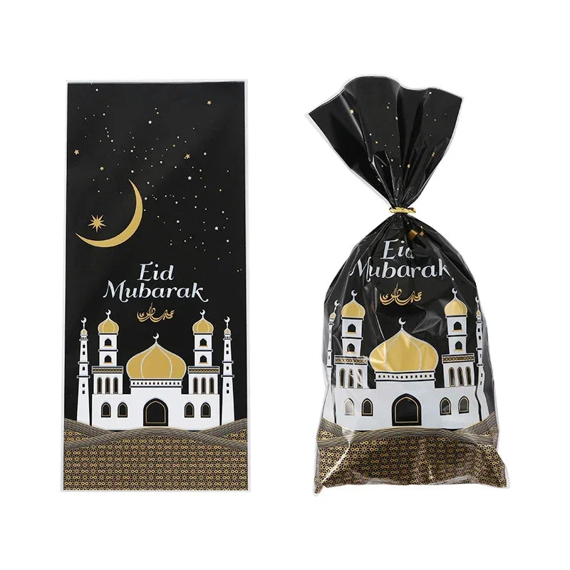 25/50pcs 2024 Eid Mubarak Gift Bags Plastic Candy Cookie Bag Ramadan Kareem Decor Islamic Muslim Party Supplies Eid Gifts Bags
