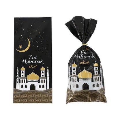 25/50pcs 2024 Eid Mubarak Gift Bags Plastic Candy Cookie Bag Ramadan Kareem Decor Islamic Muslim Party Supplies Eid Gifts Bags