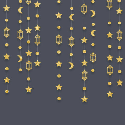4M Ramadan Decoration 2024 Gold Moon Star Lamp Hanging Garland Ornament EID Mubarak Muslim Mubarak Party Supplies Eid Al-Fitr