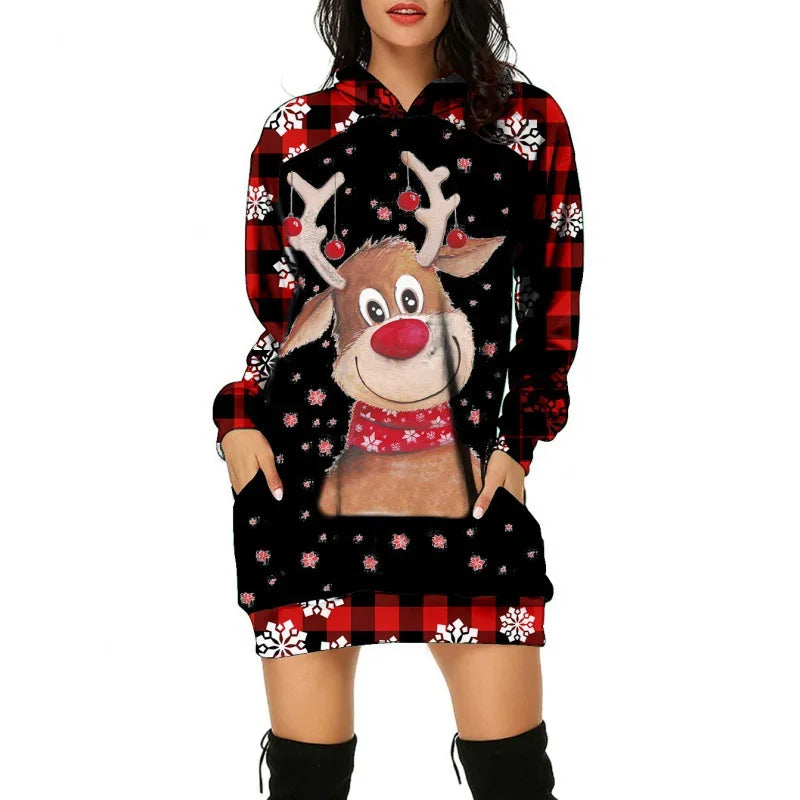 Christmas Tree Print Women Party Knitted Hoodie Dress Women Evening Dress Autumn Fashion Loose Sexy Mini Festival Famale Clothes