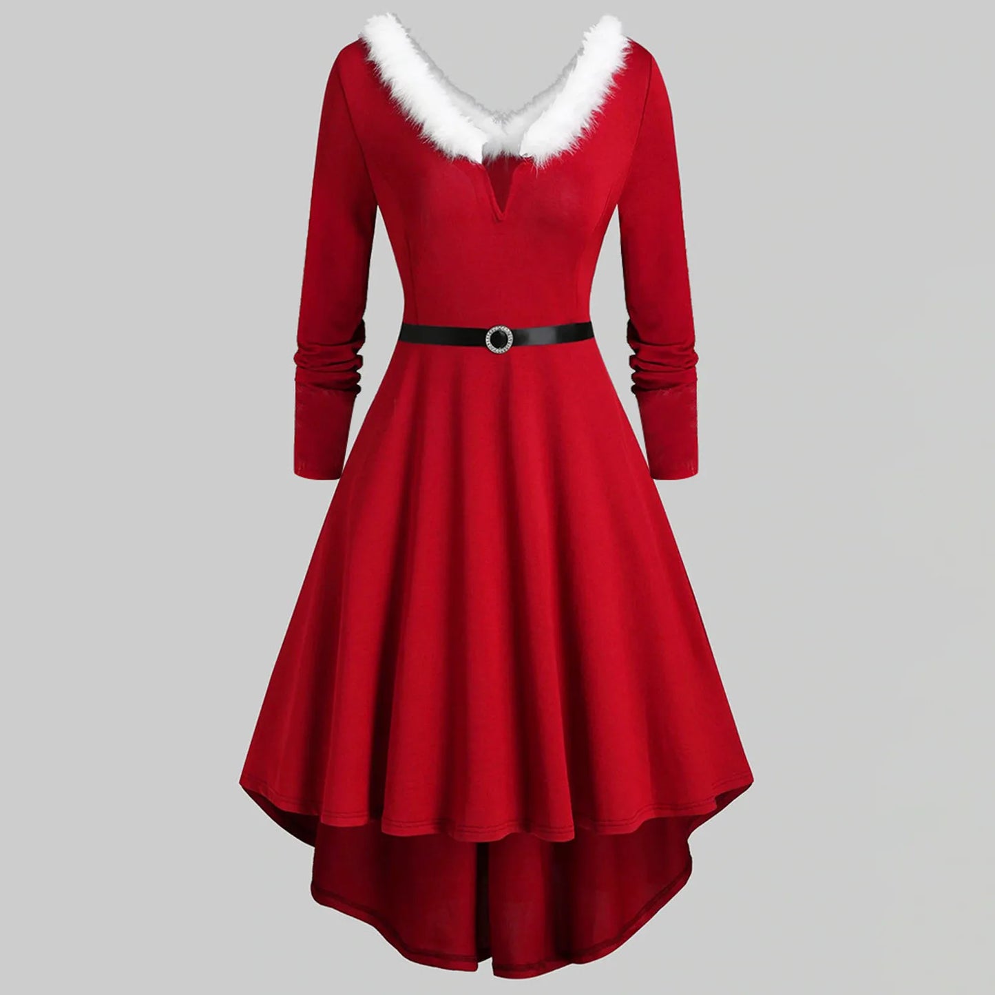 V-Neck Plush Christmas Women'S Dresses Long Sleeve Party Dress Elegant Ladies Red Vestidos Autumn Winter High Waist A-Line Dress