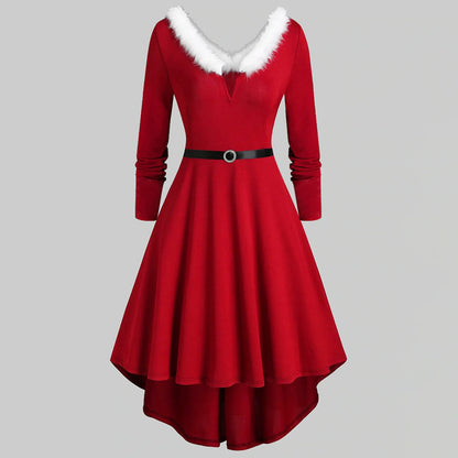 V-Neck Plush Christmas Women'S Dresses Long Sleeve Party Dress Elegant Ladies Red Vestidos Autumn Winter High Waist A-Line Dress