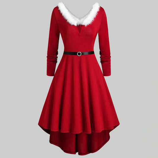 Christmas Party Long Dress Women Sexy V-Neck Red Swing Dress Winter White Plush Trim Pleated Asymmetric Midi Dress Santa Costume