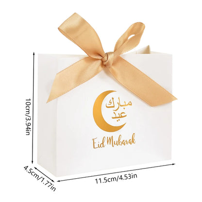 5/10pcs Eid Mubarak White Small Gift Bags With Bow Ribbon Ramadan Kareem Candy Cookie Favor Boxes Muslim Party Packaging Bags