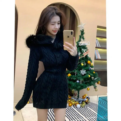 Winter New Christmas Stylish Waist Slimming Long Sleeve Hooded Knitted Red Dress Spicy Girl Sexy Wrap Hip Mini Dress for Women