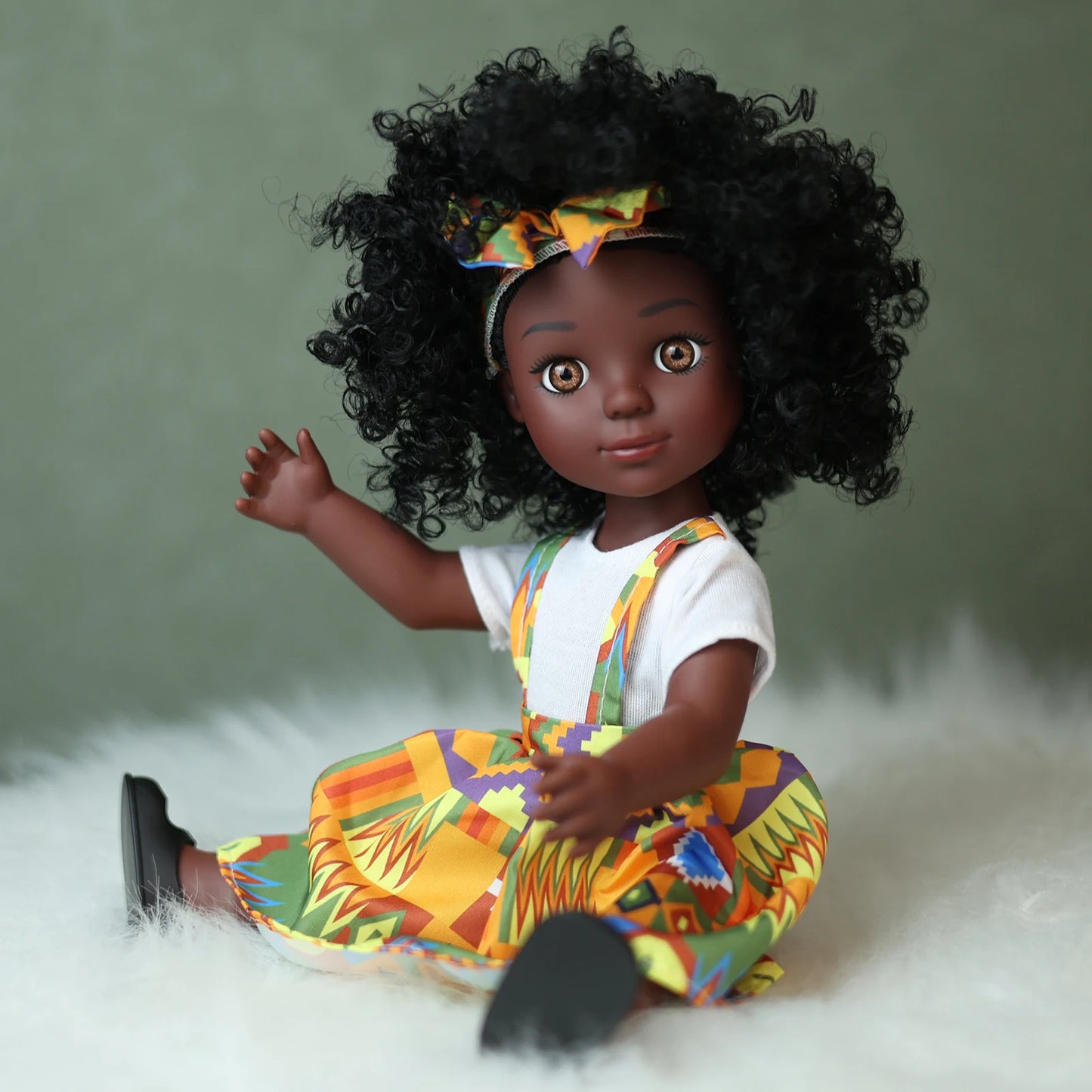 One Piece 14 Inch American African Black Doll With Curly Hair - Perfect Gift for Girls on Birthday - Full Set Included