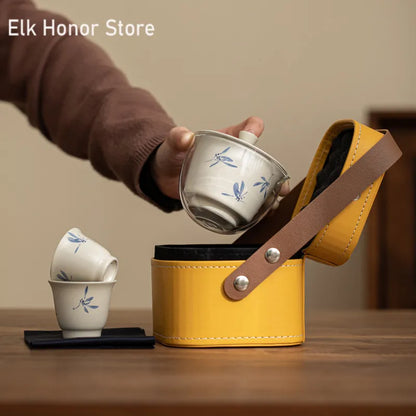 Hand Painted Butterfly Orchid Travel Kung Fu Tea Set Carrying Bag Bowl 2 Cups Kettle Gift Teacup Tea Set Ceramic Gaiwan Strainer