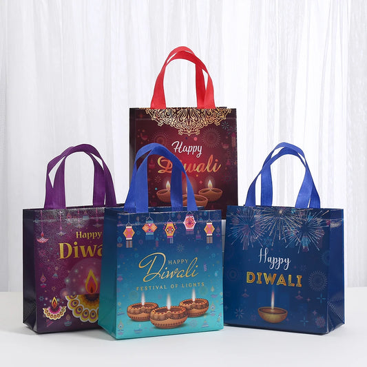 StoBag, Vibrant Indian Diwali Gift Tote Bags, Reusable Non Woven,  for Festive Supplies, Packing Goodies, Candy Toys, 12/30pcs