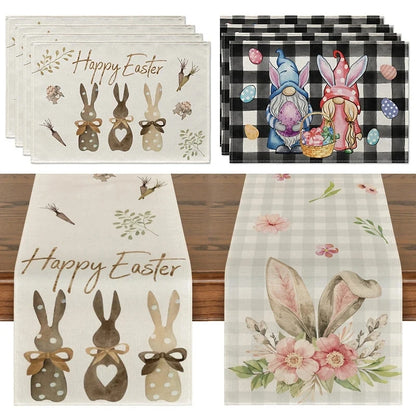 Easter Bunny Table Runner Linen Gnome Eggs Rabbit Dining Table Cloth Easter Placemat Decoration for Home Kitchen 2024 Spring