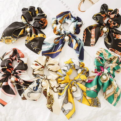Chiffon Hair Scrunchies Women Fashion Pearl Ponytail Holder Hair Tie Hair Rope Rubber Bands Hair Accessories Bowknot Headwear