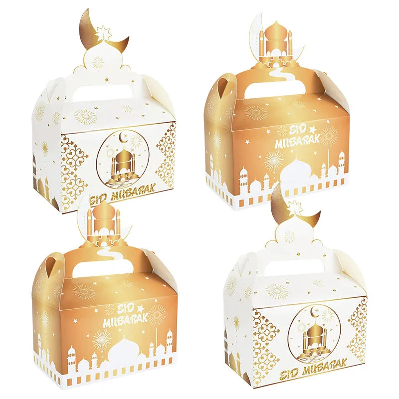 4Pcs EID Mubarak Gift Box 2024 Ramadan Mubarak Biscuit Candy Snack Packaging Box Bag Supplies Islamic Muslim Party Decoration