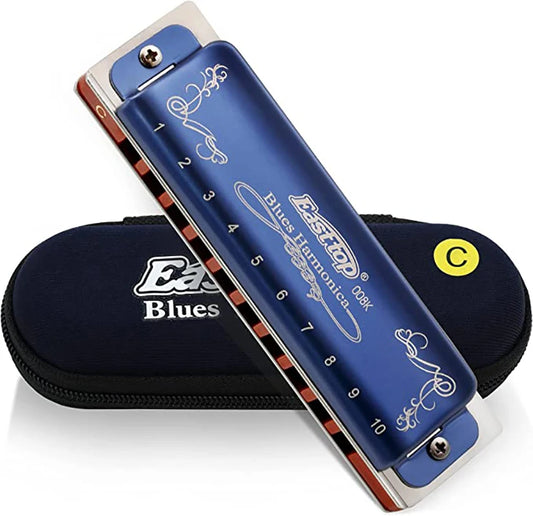 East Top Harmonica 008K Blues Harp Mouth Organ10 Holes 20 Tones Diatonic Blues Harmonica With Blue Case, Top Grade Harmonica
