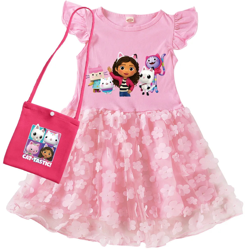 Vestidos Gabbys Dollhouse Clothes Kids Cartoon Gabby Chat Dress Baby Girls Summer Short Sleeve Casual Dresses and Bag & Headband