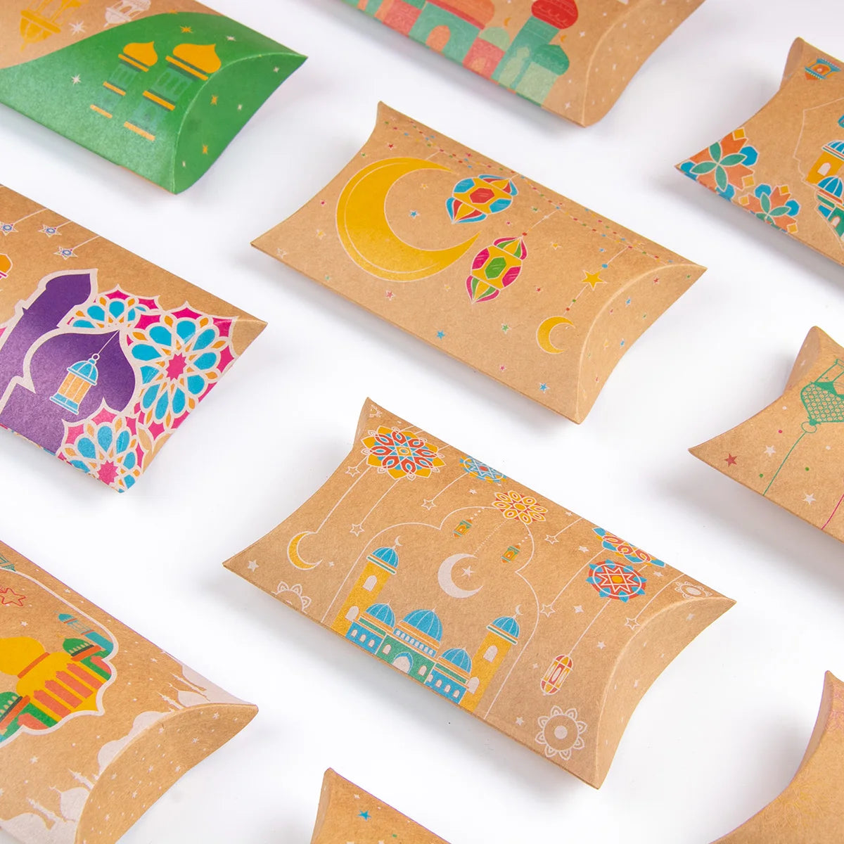 12pcs Eid Mubarak Gift Kraft Bag Box Pillow Shape Candy Box Ramadan Kareem Decoration Gift Packaging Muslim Islamic Party Favor