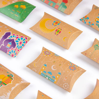12pcs Eid Mubarak Gift Kraft Bag Box Pillow Shape Candy Box Ramadan Kareem Decoration Gift Packaging Muslim Islamic Party Favor