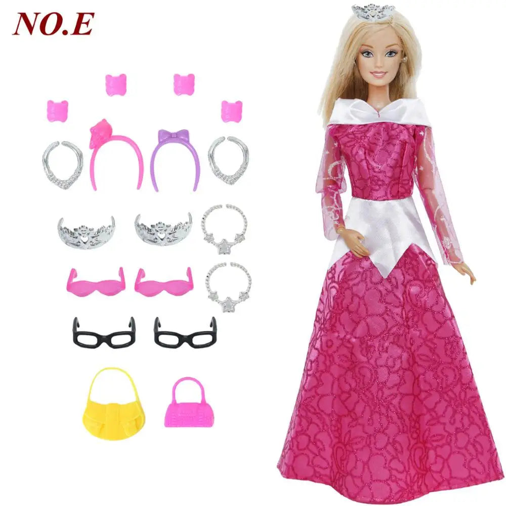 14 Pcs / Lot = 1x Fairy Tale Doll Dress + 13x Random Accessories Shoes Handbag Glasses Clothes for Barbie Doll Girl Baby Toys