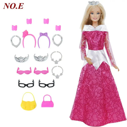 14 Pcs / Lot = 1x Fairy Tale Doll Dress + 13x Random Accessories Shoes Handbag Glasses Clothes for Barbie Doll Girl Baby Toys