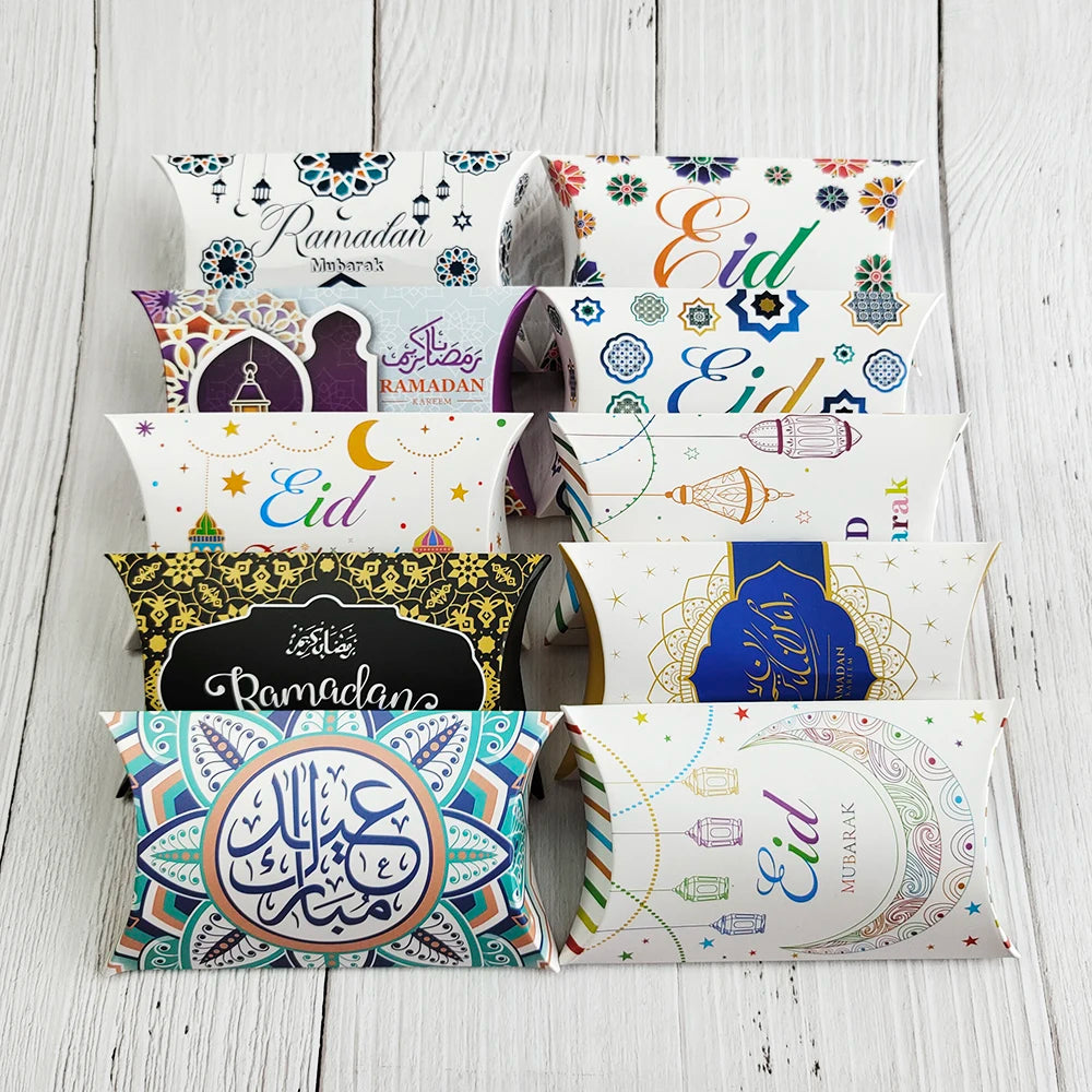 10pcs Eid Mubarak Gift Kraft Bag Box Pillow Candy Cookie Chocolate Paper Box Ramadan Kareem Decoration Party Supplies Kids Gift
