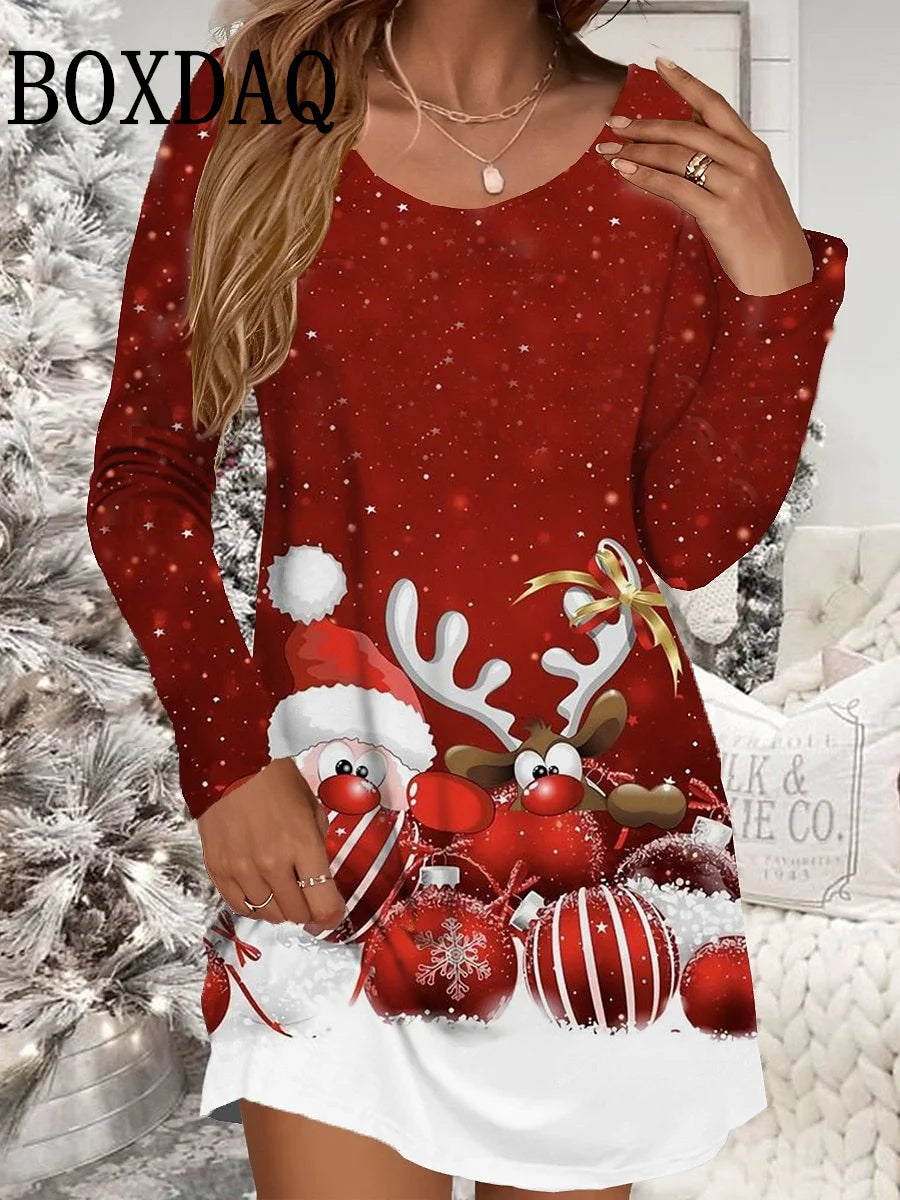 Autumn Winter Women Dresses Christmas Snowflake Print Dress Casual Party Clothing Long Sleeve Women's Loose A-Line Mini Dresses