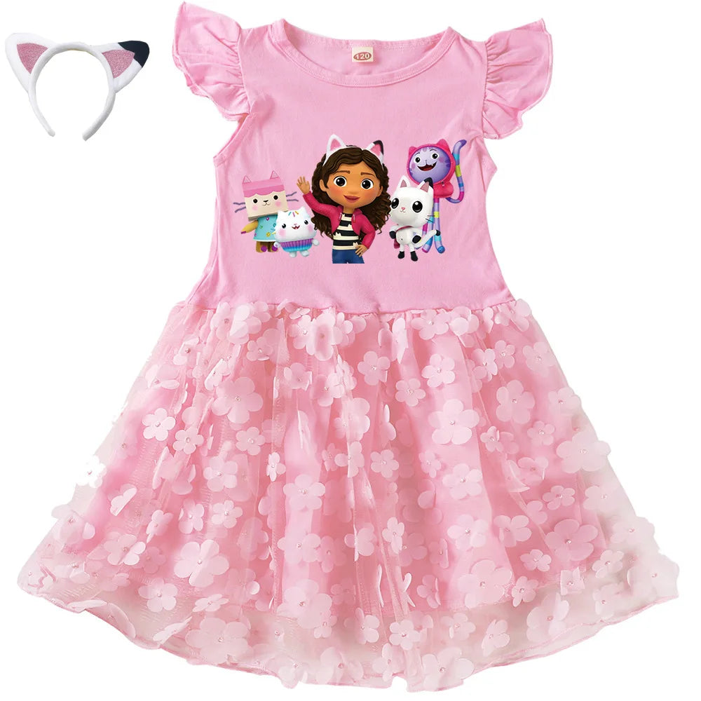 Vestidos Gabbys Dollhouse Clothes Kids Cartoon Gabby Chat Dress Baby Girls Summer Short Sleeve Casual Dresses and Bag & Headband