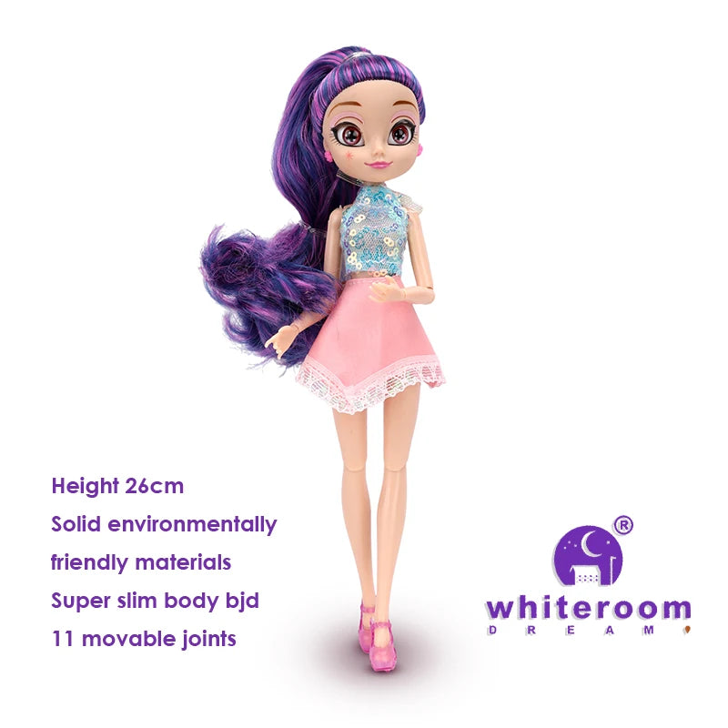 Slim 26cm Bjd Doll for Girl Purple Hair Big Eyes Fashion Princess Clothes Suit Accessories Decoration Eyelash Solid Doll Gift