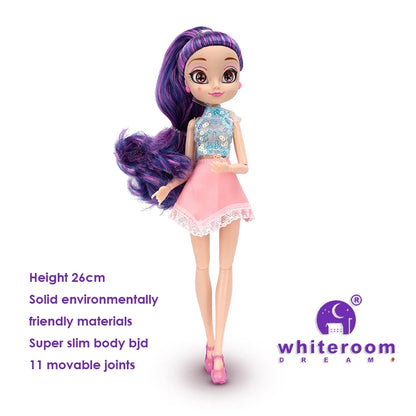 Slim 26cm Bjd Doll for Girl Purple Hair Big Eyes Fashion Princess Clothes Suit Accessories Decoration Eyelash Solid Doll Gift