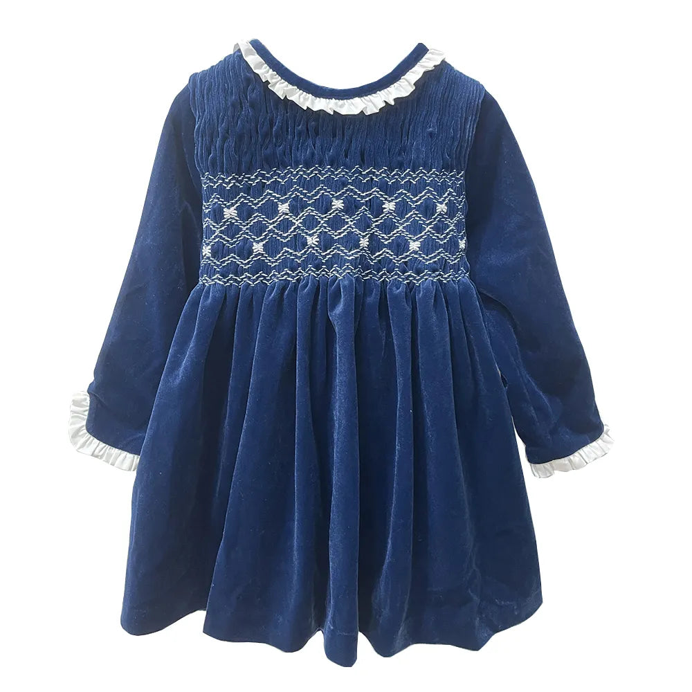 Children Vintage Clothing Girls Blue Velvet Dress Handmade Smocking Princess Christmas Eid Birthday Palace New Year Clothes