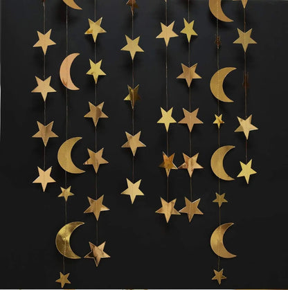 Gold Star Moon Circle Dot Crescent Lamp Eid Paper Garland Gold Mubarak Ramadan Streamer Backdrop Muslim Party Banner Decorations
