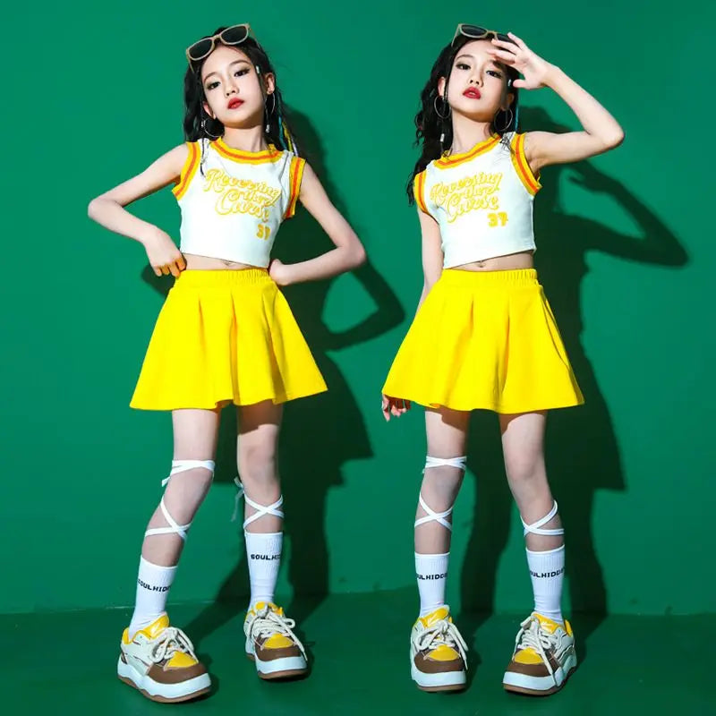 Children Hip Hop Summer Clothes Sets T-Shirt Street Dance Skirt Girls Crop Top Cute Outfits Kids Jazz Cheerleader Costumes
