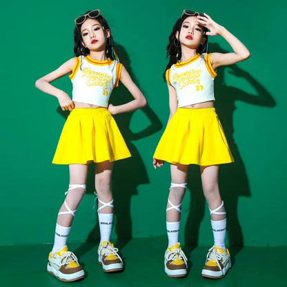 Children Hip Hop Summer Clothes Sets T-Shirt Street Dance Skirt Girls Crop Top Cute Outfits Kids Jazz Cheerleader Costumes
