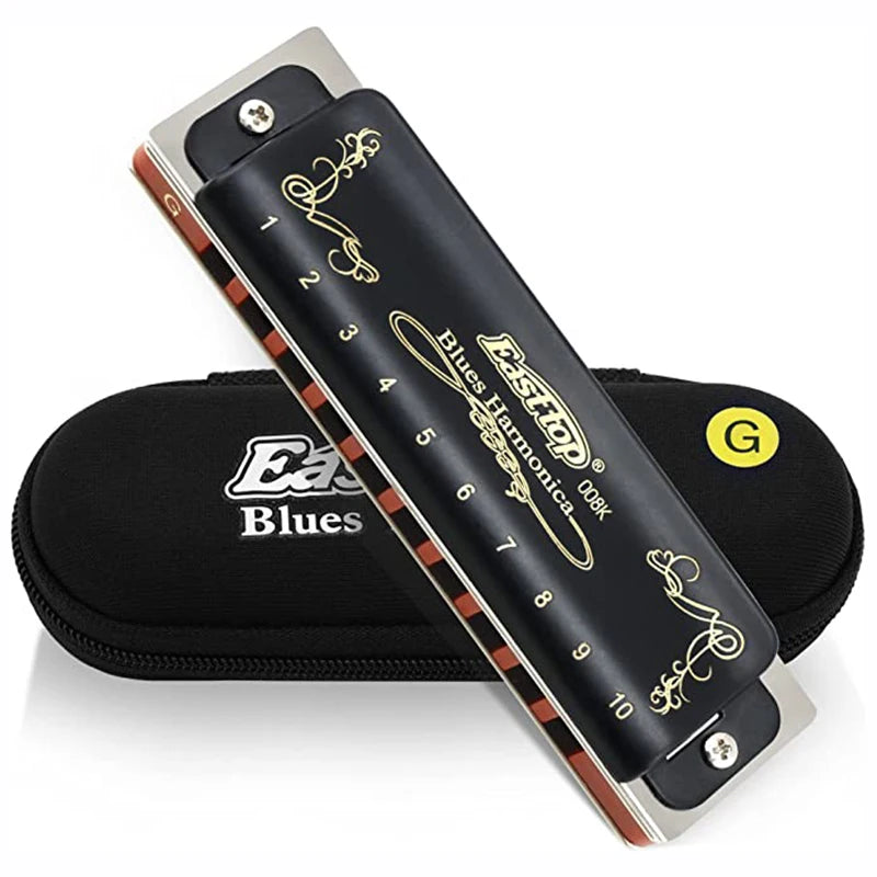 008K Diatonic Harmonica 10 Holes 20 Tones Blues Harp Mouth Organ Harmonica With Black Cover, Standard Harmonica With Canvas Bag