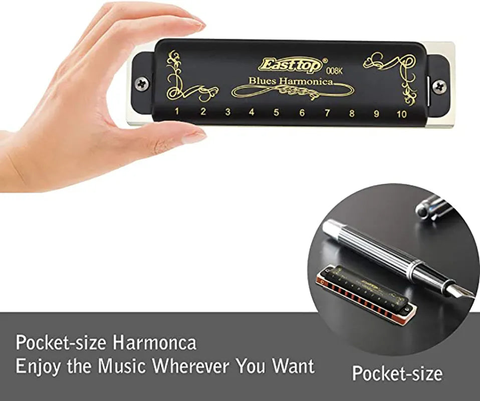 008K Diatonic Harmonica 10 Holes 20 Tones Blues Harp Mouth Organ Harmonica With Black Cover, Standard Harmonica With Canvas Bag