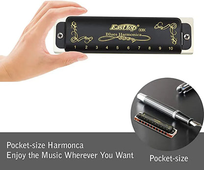 008K Diatonic Harmonica 10 Holes 20 Tones Blues Harp Mouth Organ Harmonica With Black Cover, Standard Harmonica With Canvas Bag