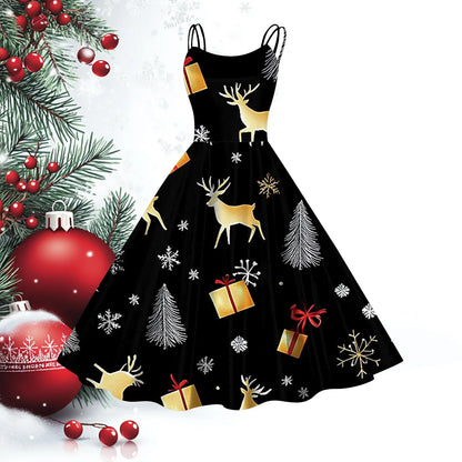 Women Christmas Print Vintage Dresses Slim Fit Sleeveless 1950s Evening Party Prom Dress Plus Size Evening Large Swing Dress