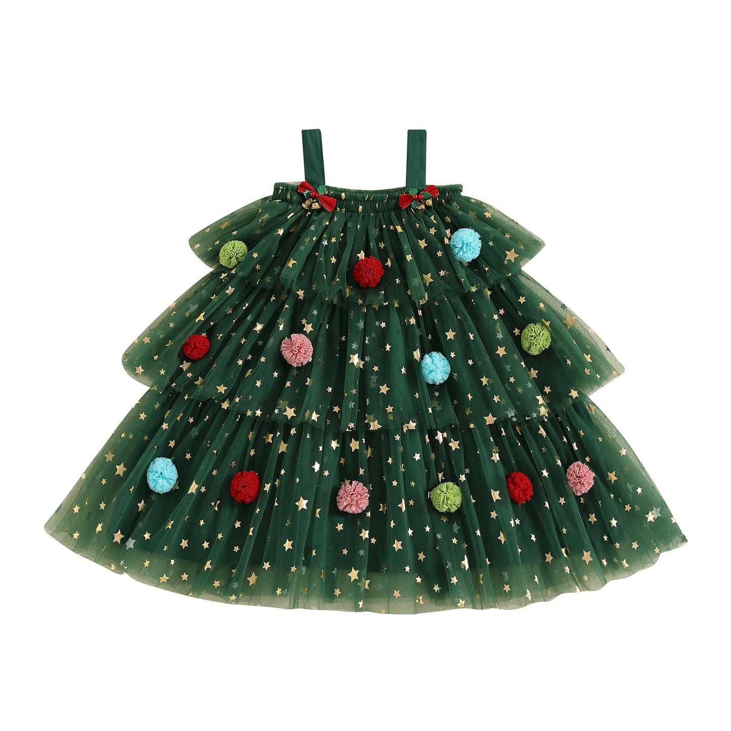 FOCUSNORM 1-9y 2 Colors Little Girls Christmas Dress Strap Sleeveless Star Print Lace Layered Tulle Sundress With Plush Ball Hat