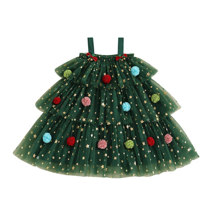 FOCUSNORM 1-9y 2 Colors Little Girls Christmas Dress Strap Sleeveless Star Print Lace Layered Tulle Sundress With Plush Ball Hat