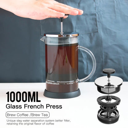 French Press Coffee/Tea Brewer Coffee Pot Coffee Maker Kettle 1000ML Stainless Steel Glass Thermos Barista Tools  Coffee Carafe