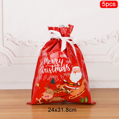 3/5Pcs Merry Christmas Drawstring Gift Bag New Year 2025 Large Candy Cookie Packaging Bag 2024 Navidad Christmas Home Decoration