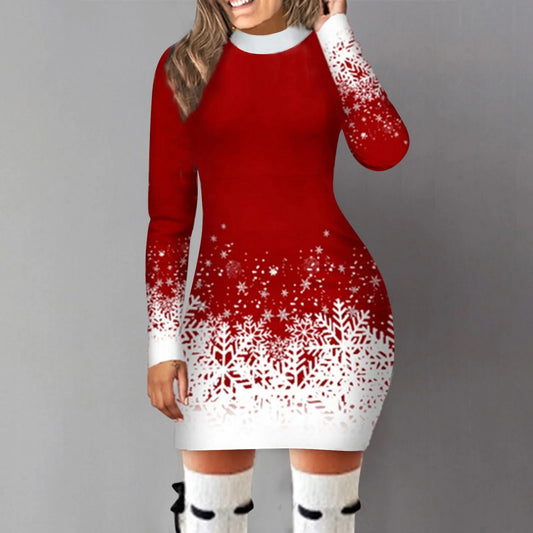 Christmas Snowflake Printed Dress Women Clothing Long-Sleeved Round Neck Xmas Party Bodycon Dress Elegant Casual Mini Dresses