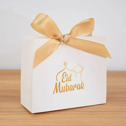 5/10pcs Eid Mubarak White Small Gift Bags With Bow Ribbon Ramadan Kareem Candy Cookie Favor Boxes Muslim Party Packaging Bags