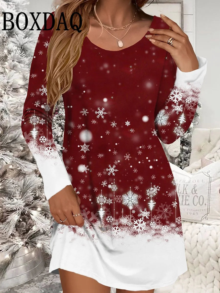 Autumn Winter Women Dresses Christmas Snowflake Print Dress Casual Party Clothing Long Sleeve Women's Loose A-Line Mini Dresses