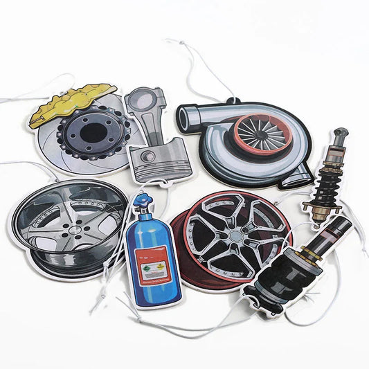 JDM Style Car Rear View Mirrow Pendent Air Freshener Solid Paper Piston Brake Wheel Rim Shock Absorber