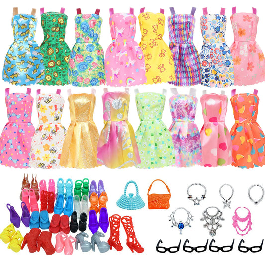 32 Item/Set Doll Accessories=10 Mix Fashion Cute Dress+ 4 Glasses+ 6 Necklaces+2 Handbag+ 10 Shoes Dress Clothes for Barbie Doll