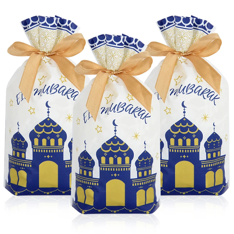 10-50Pcs Eid Mubarak Candy Bags Drawstring Cookie Gift Packaging Bag Islamic Muslim Party Supplies 2024 Ramadan Kareem Decor