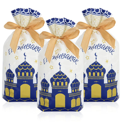 10-50Pcs Eid Mubarak Candy Bags Drawstring Cookie Gift Packaging Bag Islamic Muslim Party Supplies 2024 Ramadan Kareem Decor