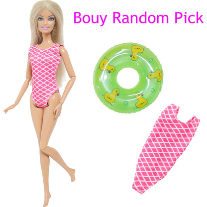 1x Doll Swimwear Beach Bathing Clothes Lovely Bikini Swimsuit + Random 1x Swimming Buoy Lifebelt Ring for Barbie Doll Baby Toys