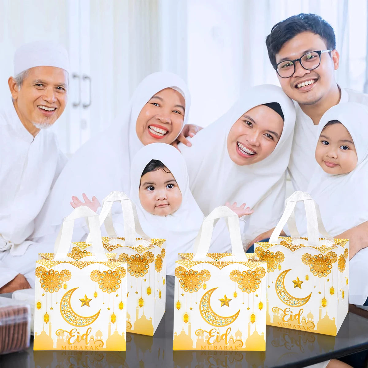 4Pcs Eid Mubarak Gift Bag Ramadan Kareem Nonwoven Pouch Cookie Candy Packaging Bags Muslim Islamic Ramadan Party Decor Supplies